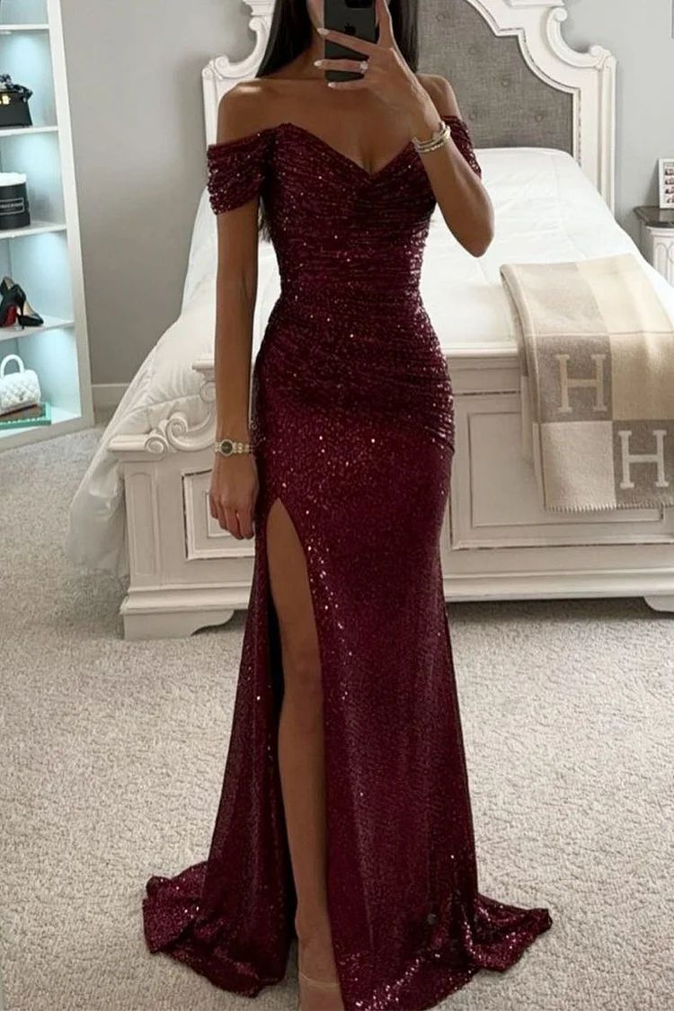Elegant Solid Sequins High Opening Off the Shoulder Evening Dress Dresses(5 Colors)