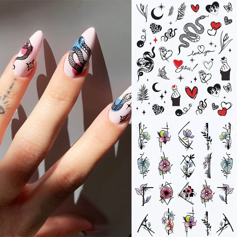 Harunouta Spring Flower Leaf Water Decals Love Heart Geometric Lines Nail Art Stickers DIY Slider Manicures Nail Art Decoration