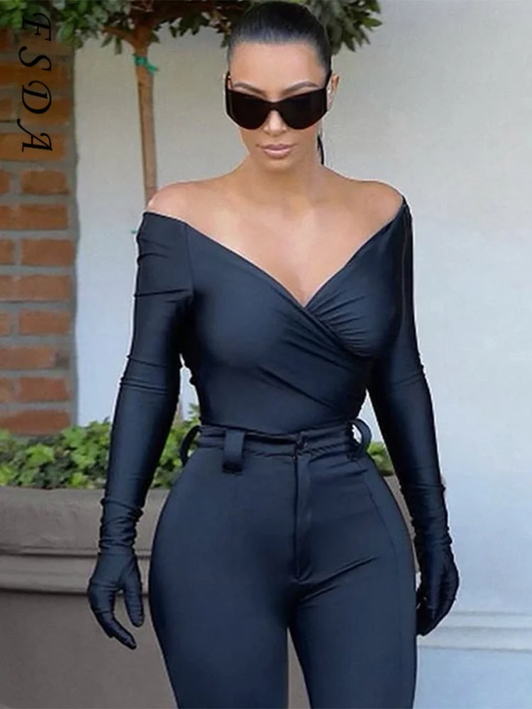 Off Shoulder 2022 Autumn Winter Long Sleeve Bodysuit Bodycon Women Sexy Black V Neck Casual Body Tops Party Y2K