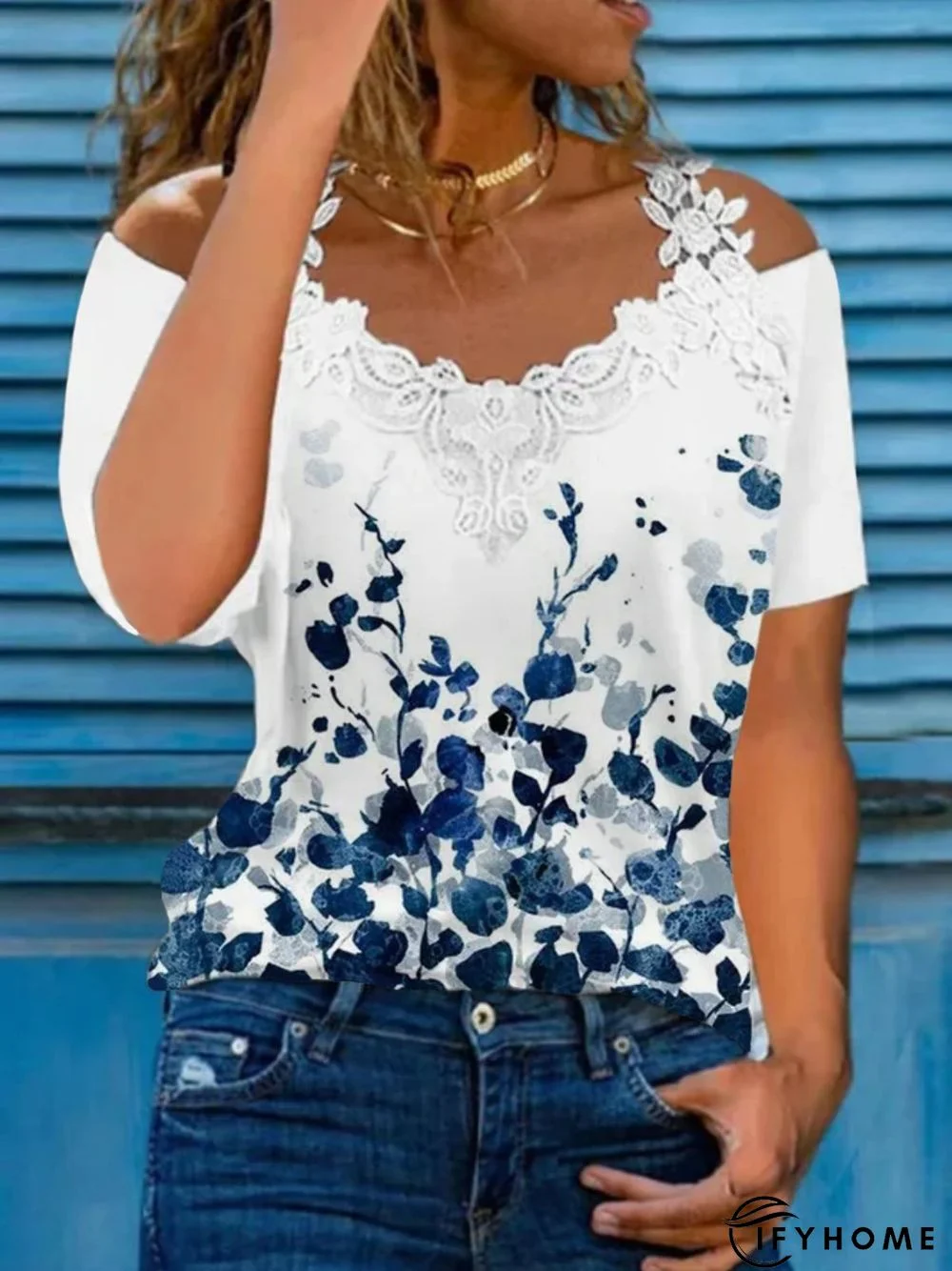 Women's Casual Floral V Neck Lace Cotton Blends Short Sleeve Top T-shirt | IFYHOME