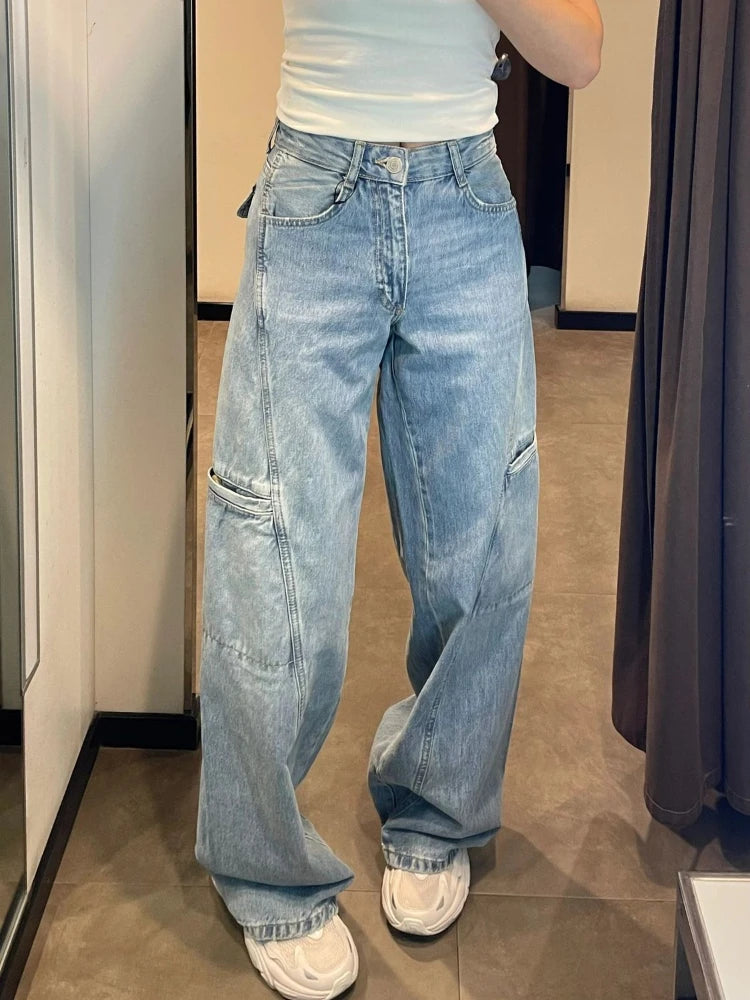 OLCooL Baggy Cargo Jeans Women Harajuku Fashion Straight Blue Wide Leg High Waist Denim Pants Hip Hop Y2k Causal Korean Trouser olcool