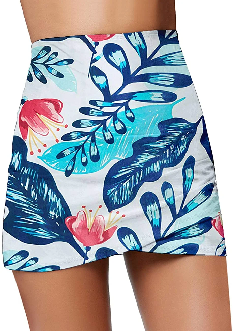 Women's Pleated Swim Skirt Mid Waist Swimsuit Bottom Swimwear
