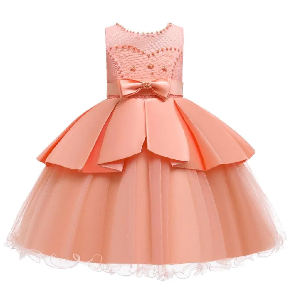 Child Sleeveless Round Neck Girls Tutu Dress For Kids White Lovely Bridesmaid Dress For Girls 2-10 Years Old Knee-Length