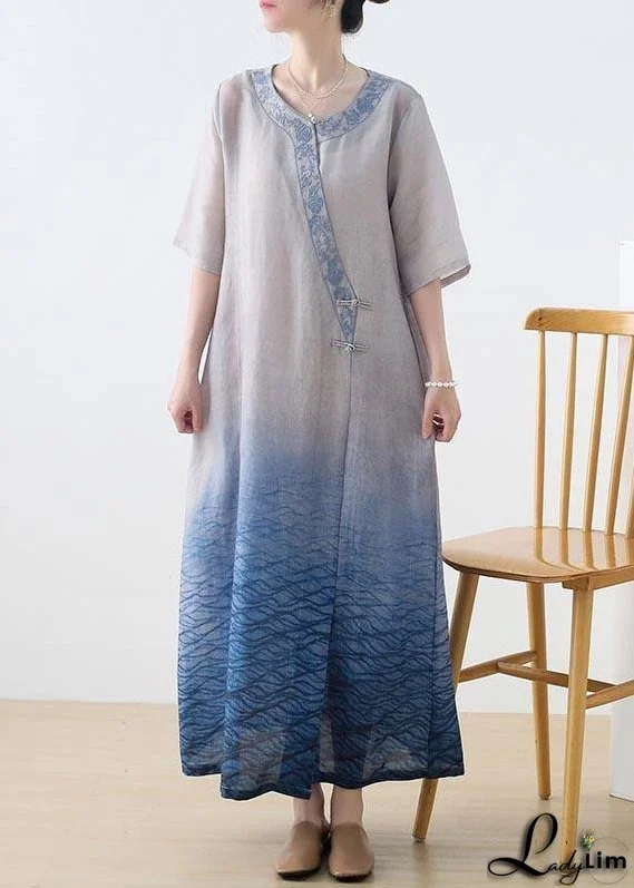Elegant Blue Embroideried Linen Dress Gradient color Summer Party Dress
