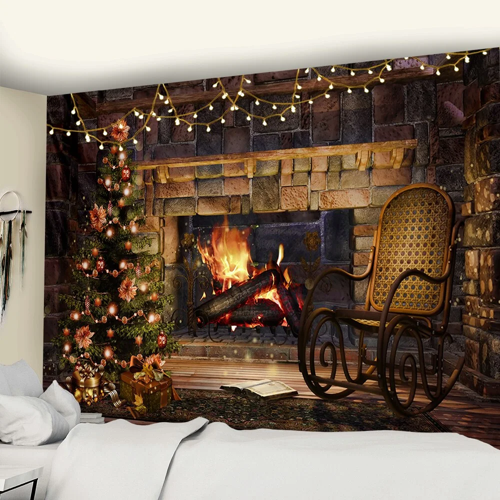 Christmas Tapestry Christmas Tree And Fireplace Warm Family Wall Hanging Backdrop Home Room Decoration Gift
