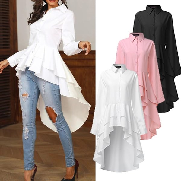 Ladies Fashion Elegant Casual Loose Long Sleeve Button Down Solid Color Shirt Tops High Low Irregular Hem Blouse - BlackFridayBuys