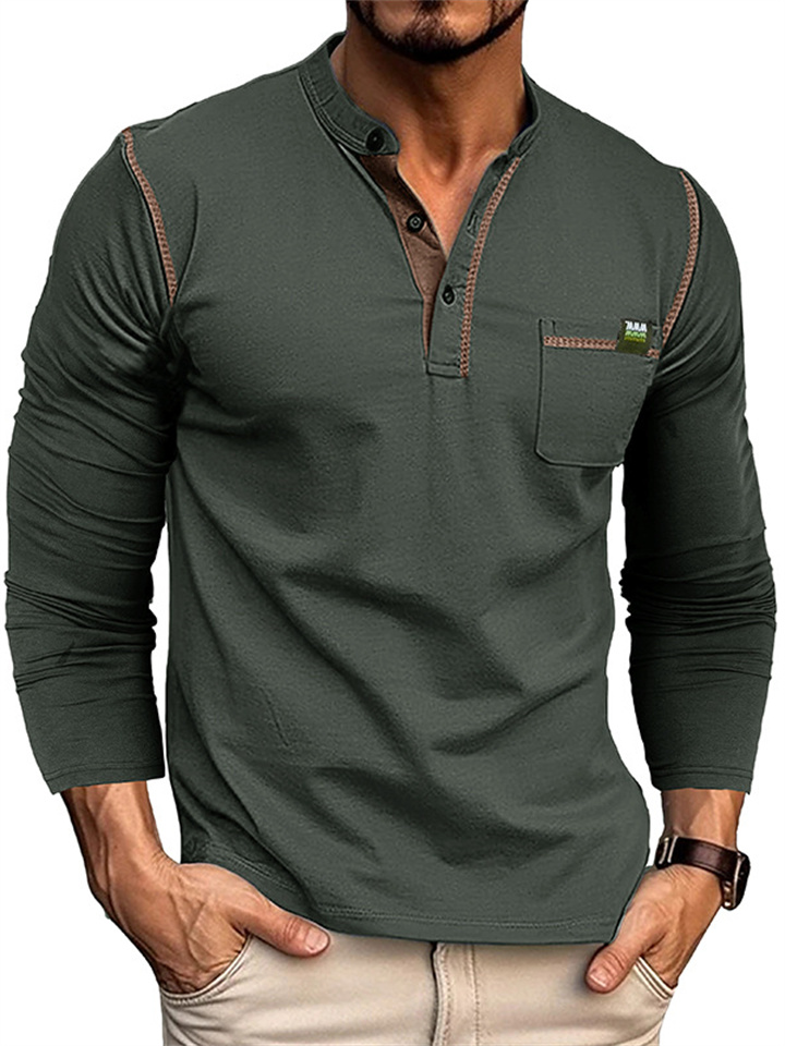 Men's Henley Long-sleeved T-shirt Colorblocked Knit Round Neck T-shirt
