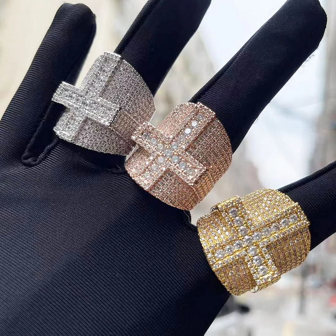 Iced Out Bling Cross Ring for Men Rapper Hip Hop Jewelry-VESSFUL