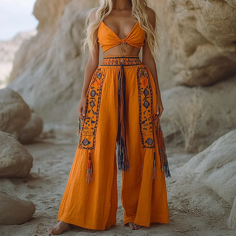 Bohemian Linen Casual Top And Pants Two-Piece Set