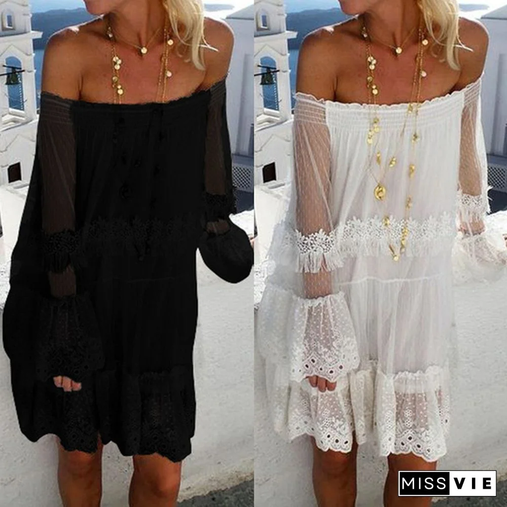 Women Bell Sleeve Lace Crochet Mini Dress Summer Beach Shirt Dress