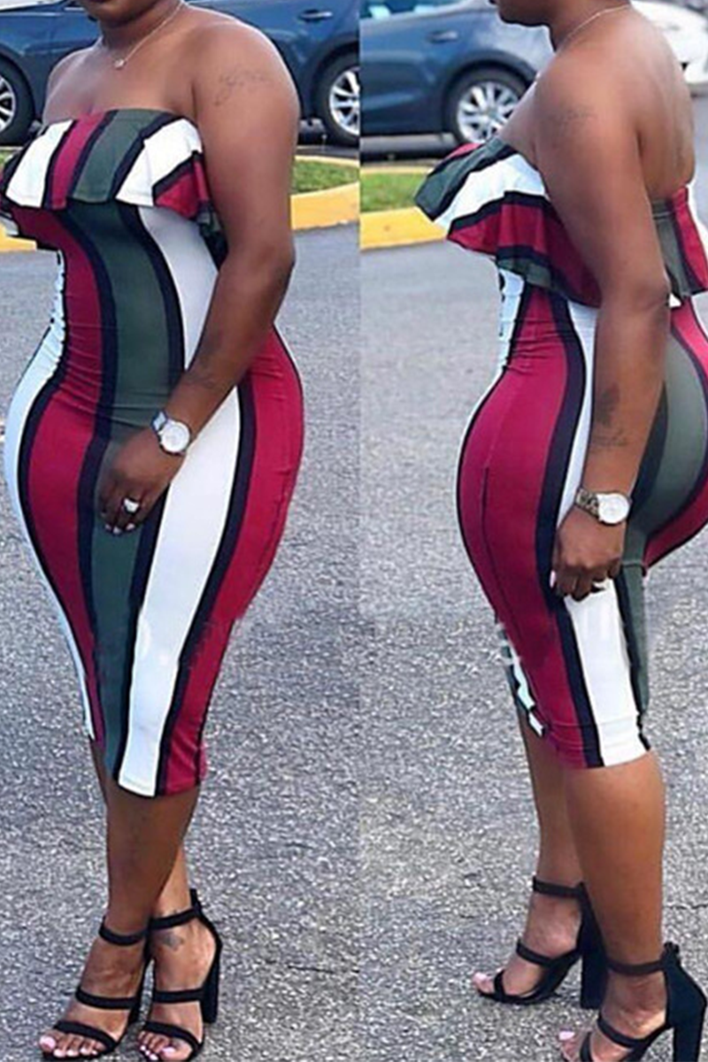 Red Sexy Striped Patchwork Strapless Pencil Skirt Dresses | EGEMISS