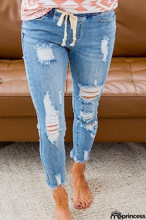 Ripped Drawstring Denim Jogger