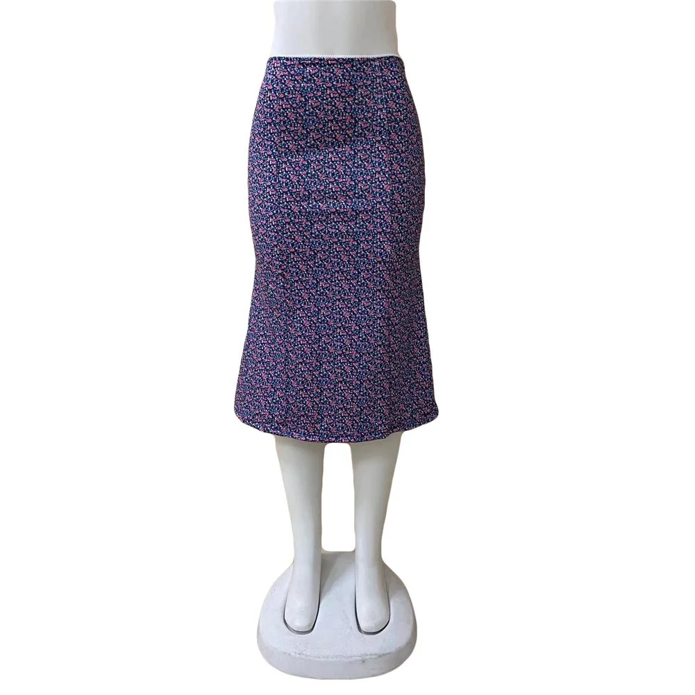 Brand New Women Midi Skirt Vintage Leisure Bohemia Floral Print Elastic Waist Med Calf Skirt for Summer Spring Vacation