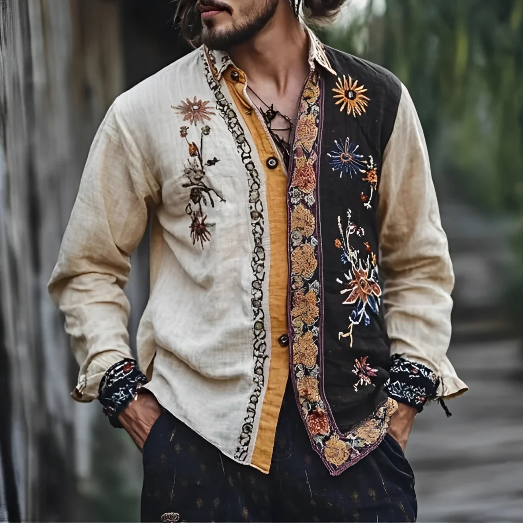 Men's Boho Hippie Floral Embroidery Printed Contrast Linen Blend Shirt-inspireuse