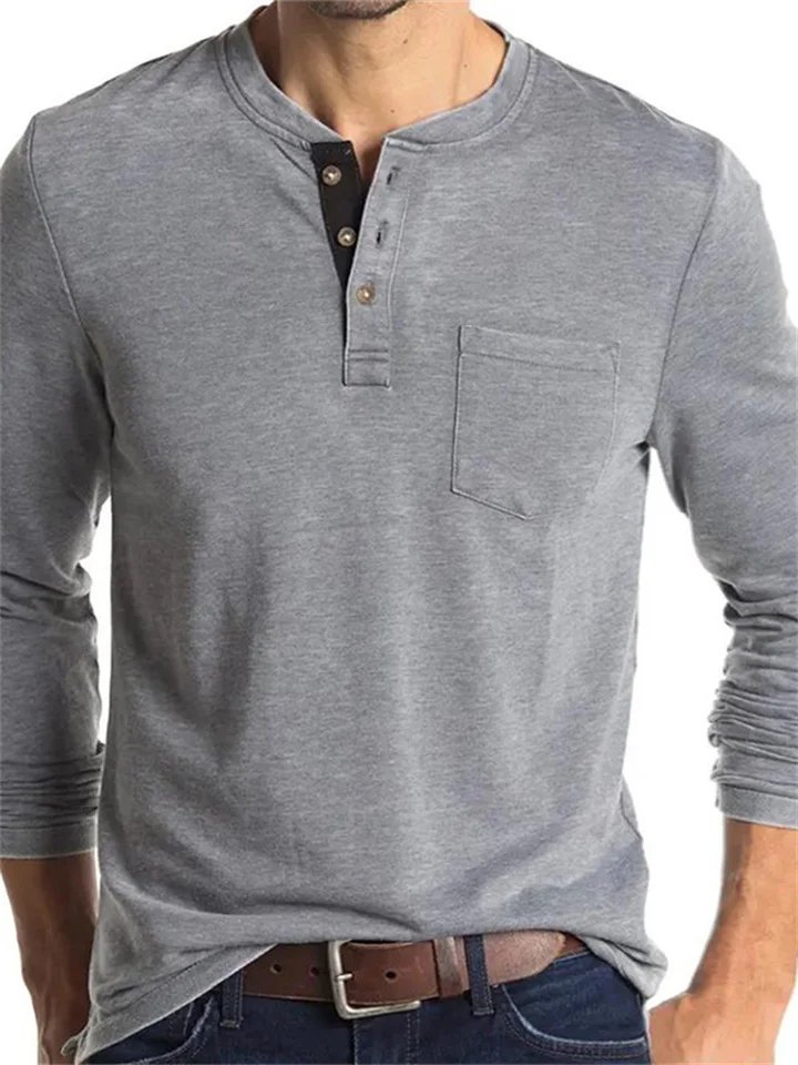 New European and American Men's Long-sleeved Men's T-shirt Solid Color Collarless Round Neck Daily Paragraph Men's Bottoming Shirt-JRSEE