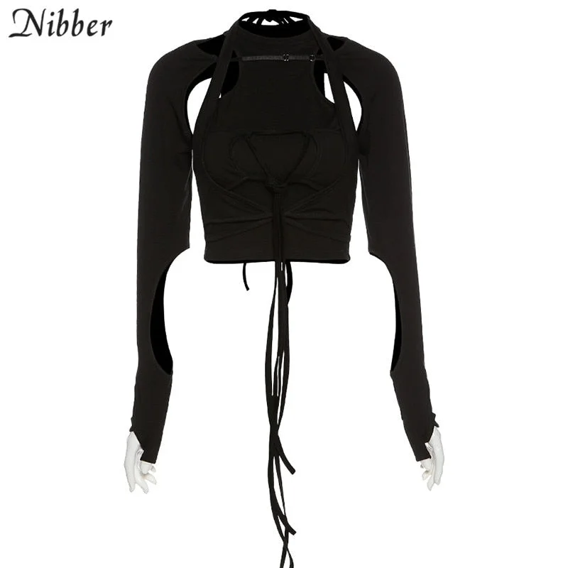 Nibber Gothic hollow tshirt 2 pieces crop top summer black Punk bandage tassel top high streetwear party top cotton tees female