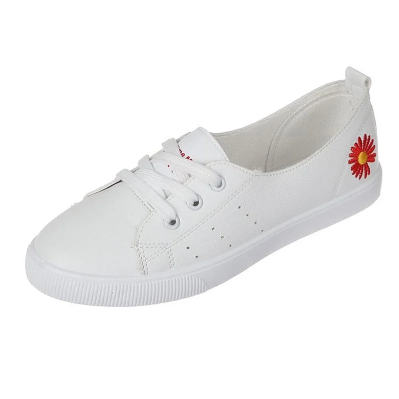 Casual Shoes Women Sneakers Fashion Embroidery Lightweight Lace Up Loafers Lady Classic White Walking Shoes School Student Flats