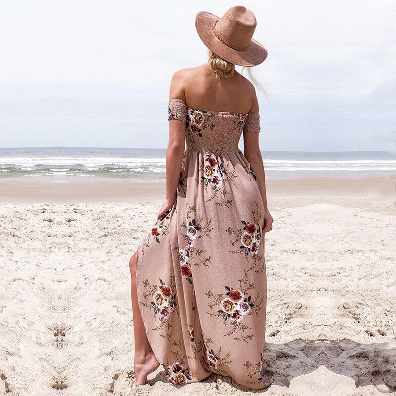 2021 tops Summer  Women Sexy floral Dress Split Maxi Beach Sundress Off Backless Dress Boho Long Dresses Vestidos famale