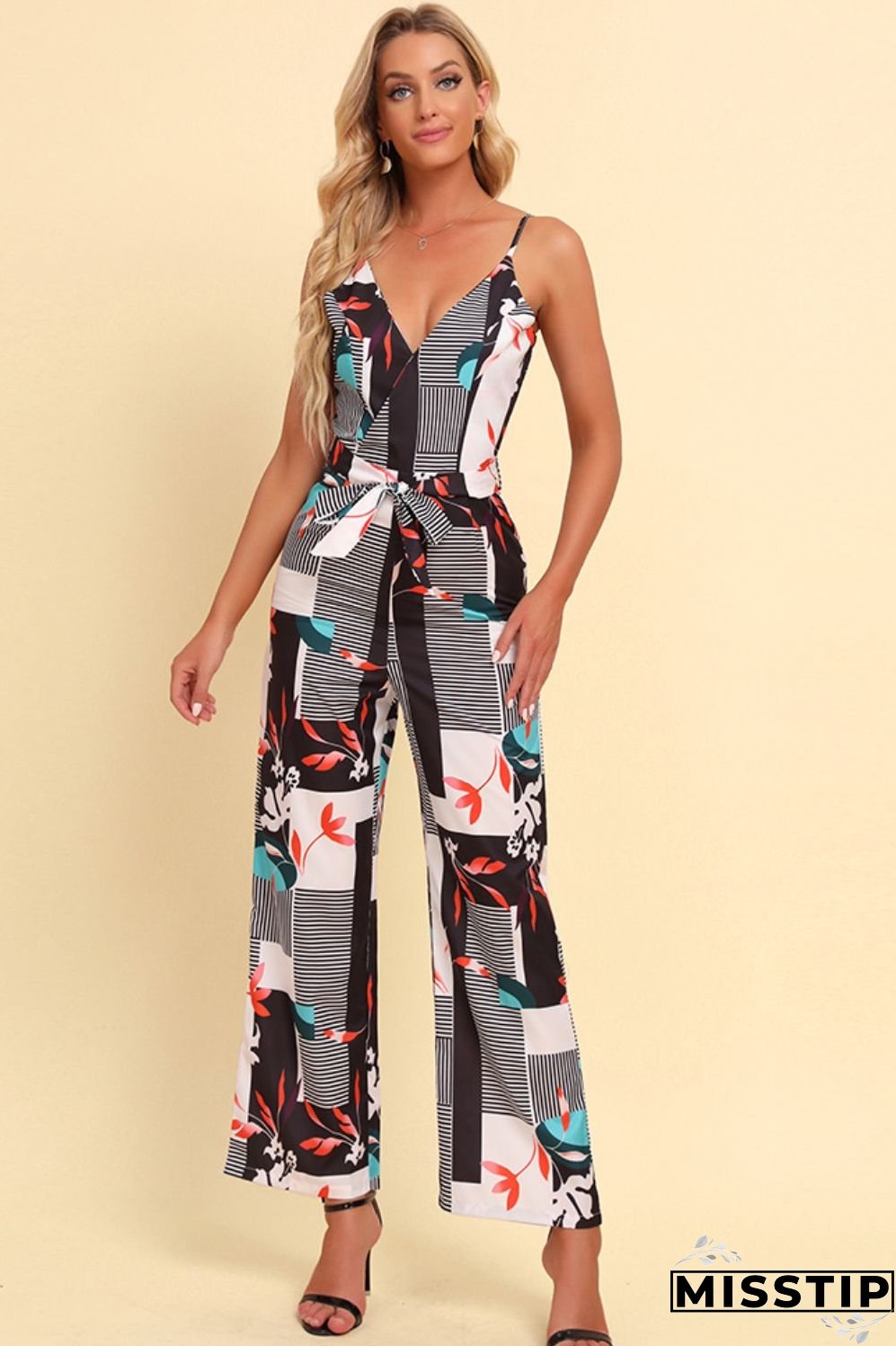 Printed Spaghetti Strap Tied Jumpsuit