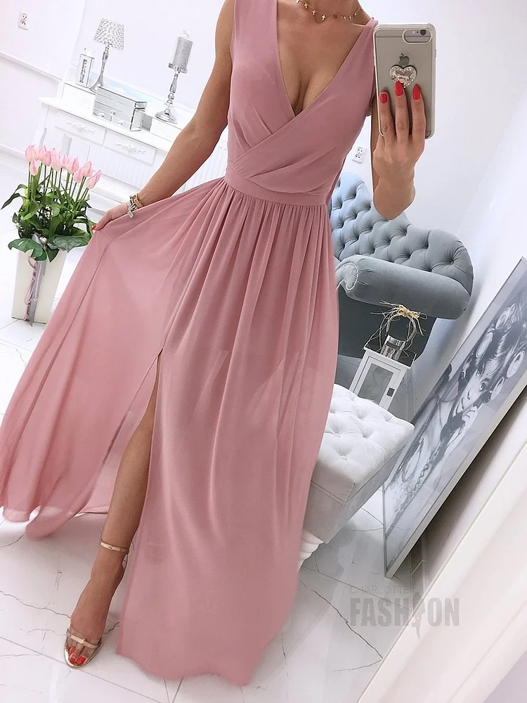 V Neck Ruched Slit Asymmetric Dress