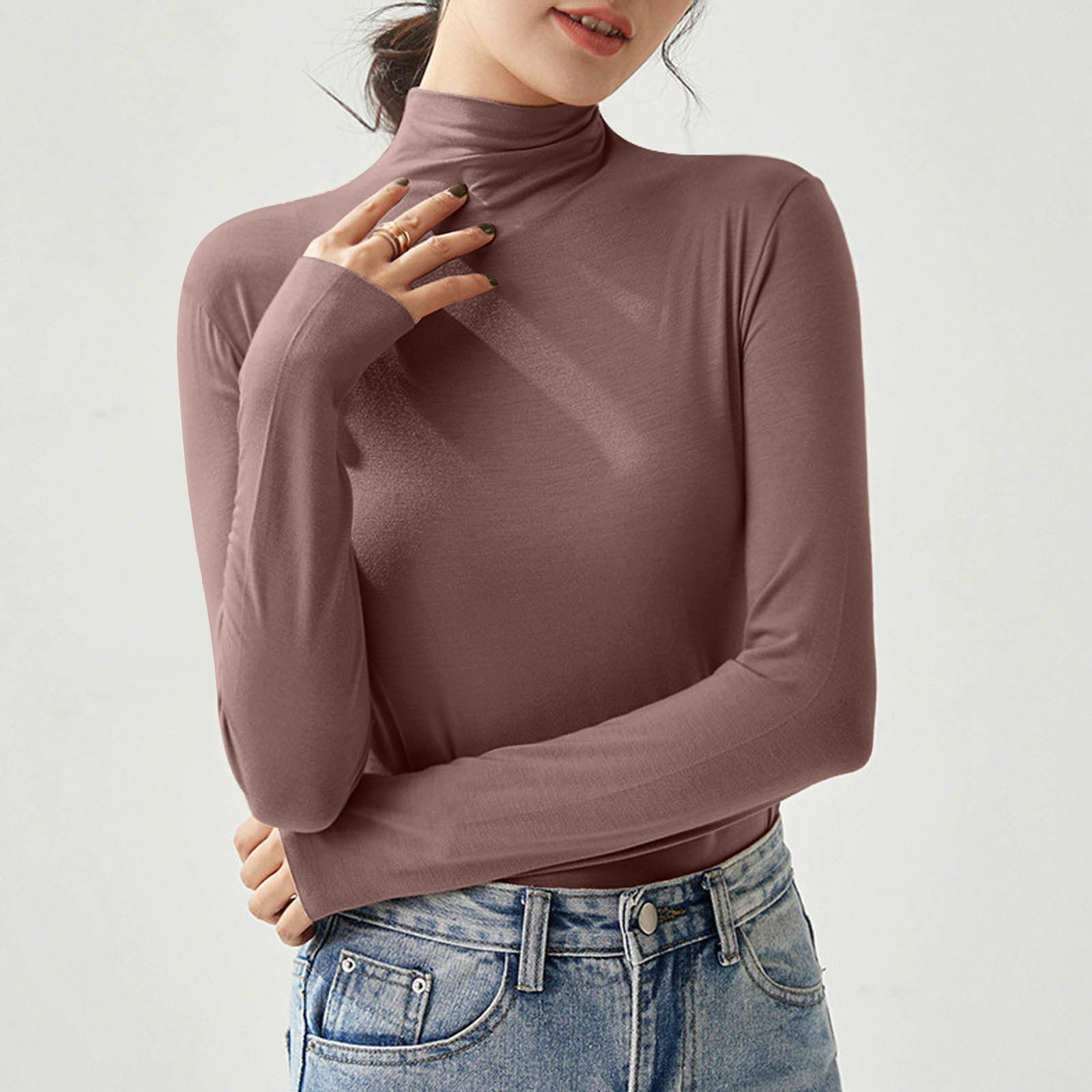 Women Autumn Slim Fit T-shirts New Half Turtleneck Elastic Versatile Basic Shirt Soft Tight Elegant Temperament Show Thin Tops