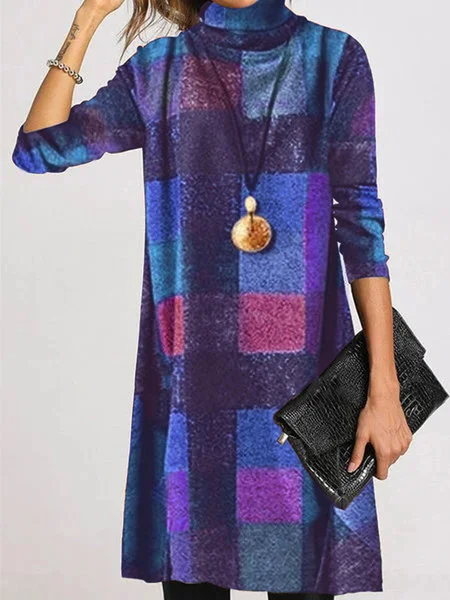 Mongw Mongw Autumn / Winter New Vintage Thickened French Cashmere Grinding Wool High Collar Long Sleeve Plaid Dress Direct Sales