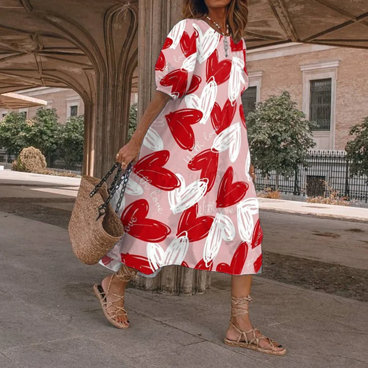 Fashion Heart Print Round Neck Midi Dress