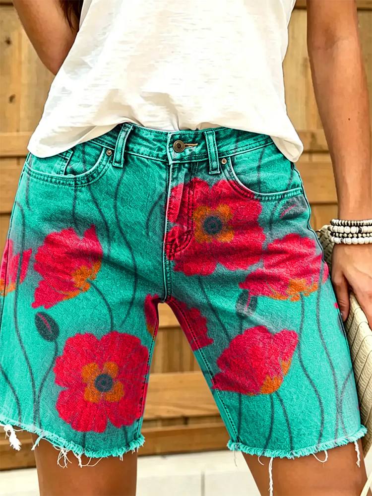 Women's Vintage Red Floral Art Print Stylish Denim Shorts