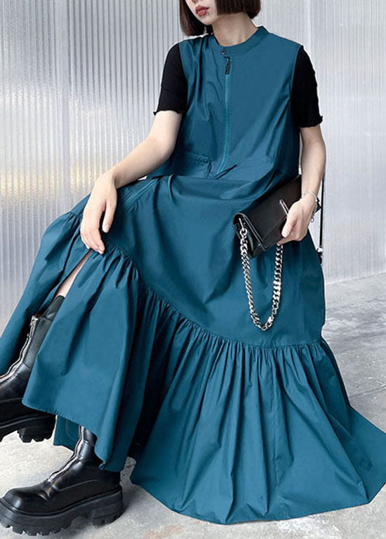 VCSHOES Blue Stand Collar tie waist Zip Up Mid Dress Spring