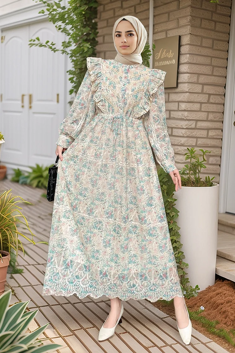 Cotton Blend Exquisite Eyelet Embroidered Ruffle Lace Patchwork Floral Long  Dress