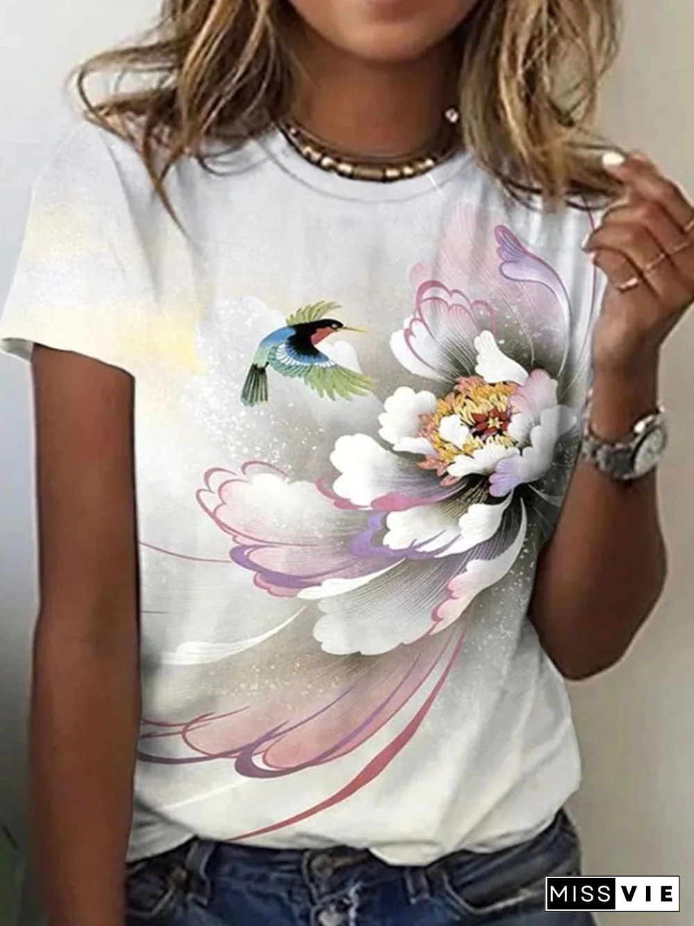 Women'S T-Shirts Floral Print Crew Neck Short Sleeve T-Shirt