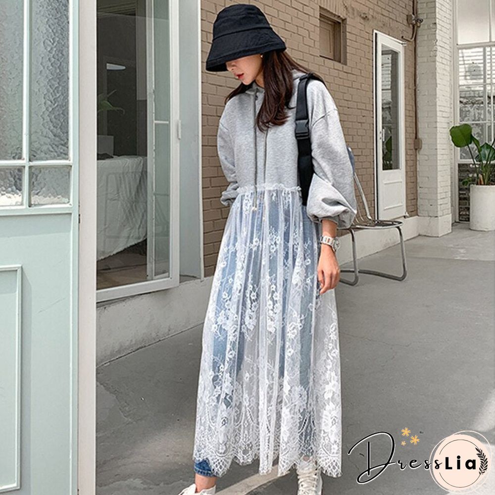 Lace Up Hollow Out Hoodies Dress Elegant Casual Fashion Streetwear Outgoing Dating Outwear Korean Style All-Match Hoodies Dress