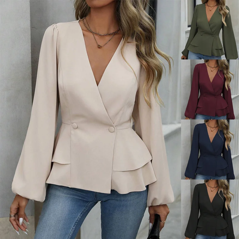 Women's V-Neck Peplum Blazer with Puff Sleeves