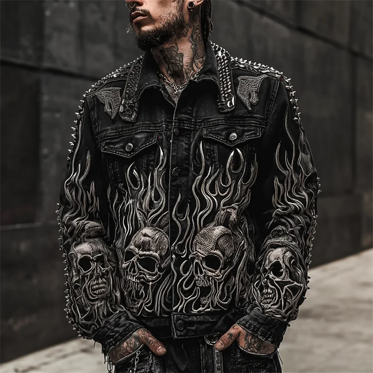 Men's 3d Skulls Flame Rock Studded Washed Denim Jacket