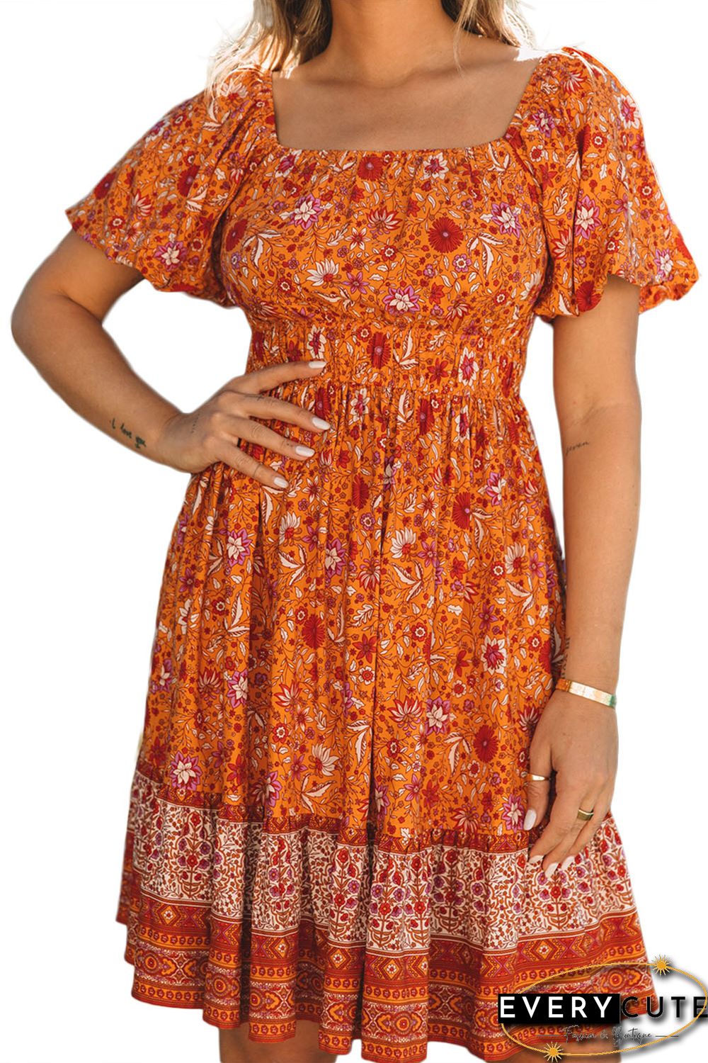 Orange Square Neck Puff Sleeves Flowy Floral Dress