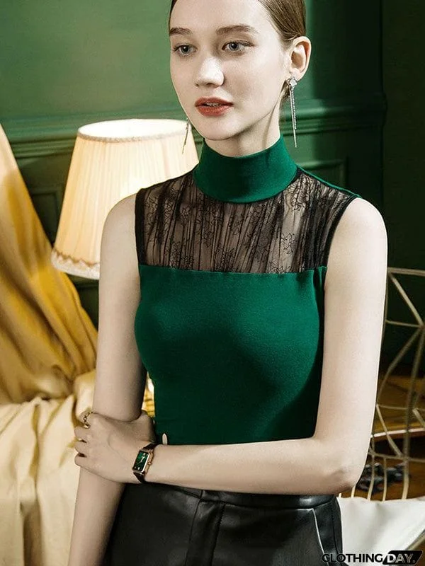 Stylish Selection Skinny Sleeveless Mesh Split-Joint Half Turtleneck Vest Top