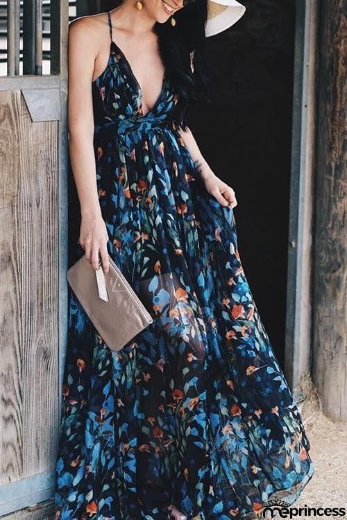 V Neck Backless Slip Maxi Dress