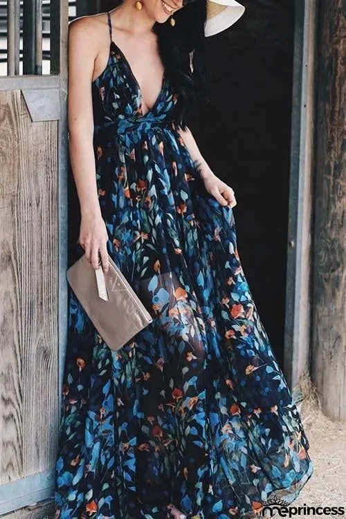 V Neck Backless Slip Maxi Dress