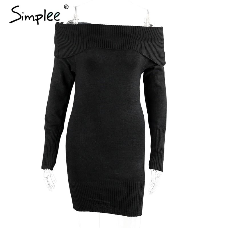 Simplee Off shoulder knitted women dress Long sleeve sheath female sexy dress 2019 autumn winter work wear short dress vestidos