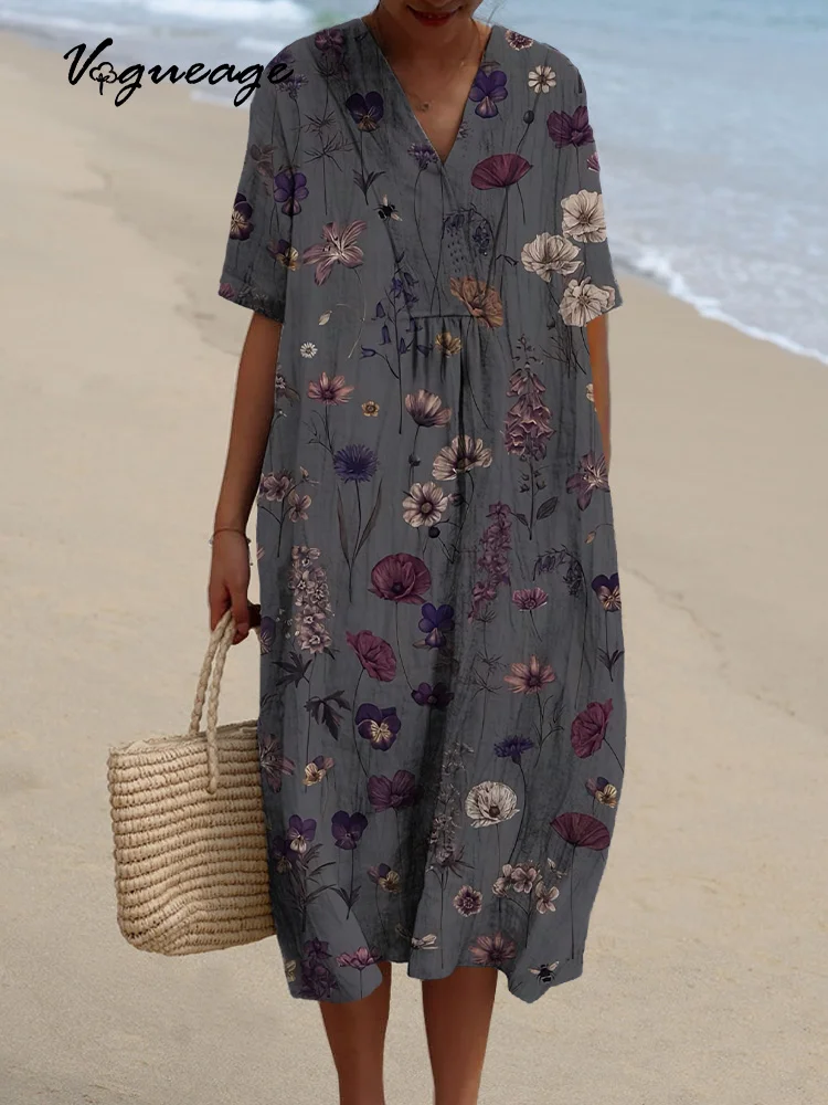 Low-Key And Elegant Comfortable Printed Women's Casual Cotton And Linen Dress