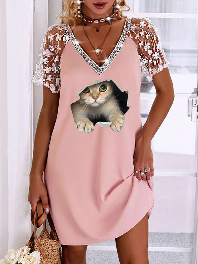 Women's V-neck Short Sleeve Graphic Lace Mini Dress