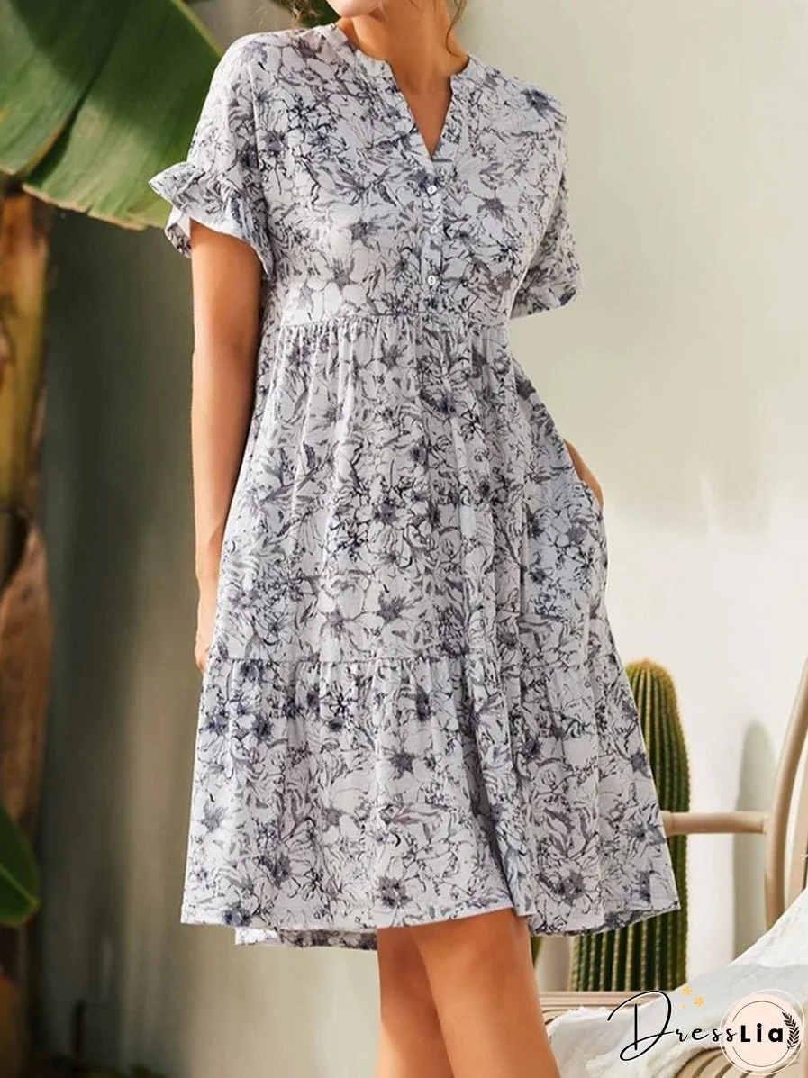 V Neck Button Print Loose Casual Mini Dress