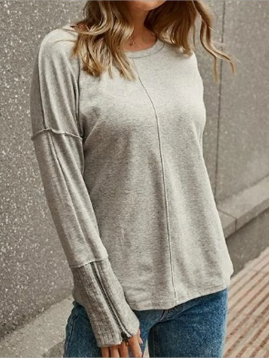 Round Neck Zipper Cuff Solid Color Sweatshirt