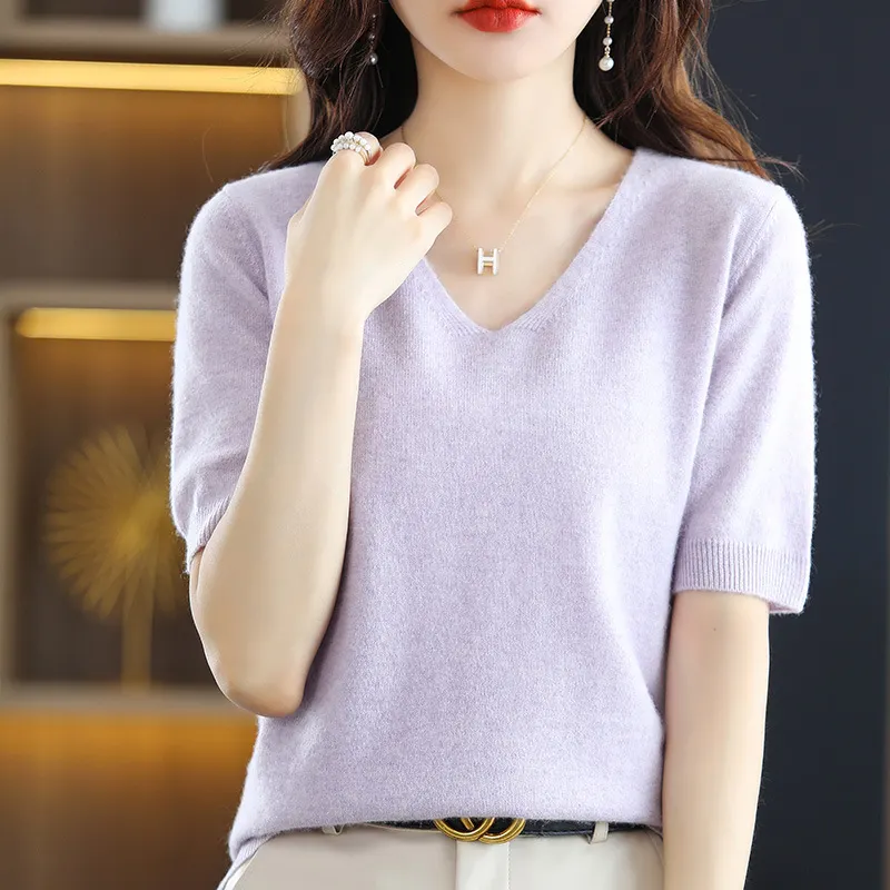 Churchf Churchf 2024 New Short-Sleeved Sweater Women's T-Shirt Solid Color V-Neck Short-Sleeved Bottom Shirt Top Thin Style A Hair