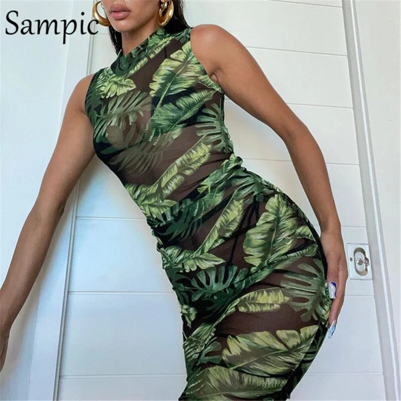Sampic Sexy Ladies Y2K Mesh See Through O Neck Sleeveless Club Long Bodycon Dress Green Women Fashion Tie Dye Party Tank Dress