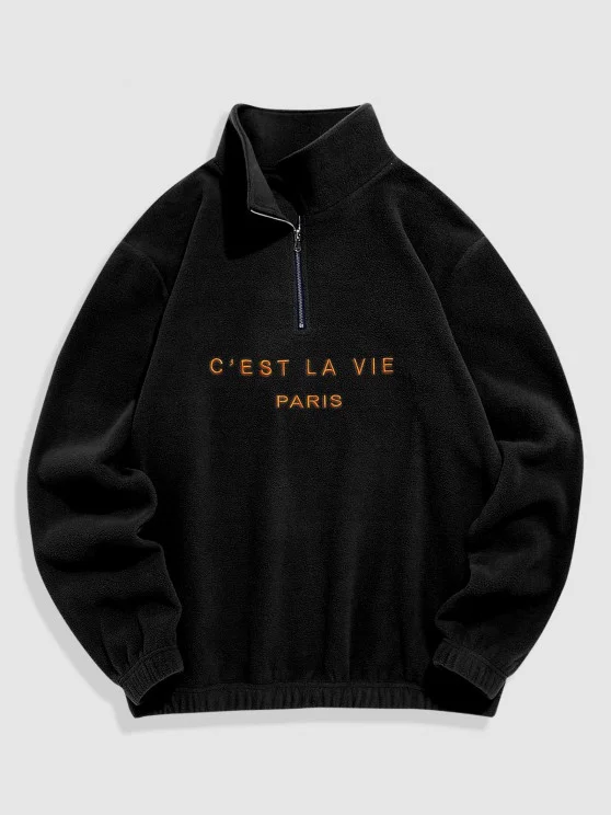 Fuzzy Letter Embroidered Quater Zip Polar Fleece Sweatshirt