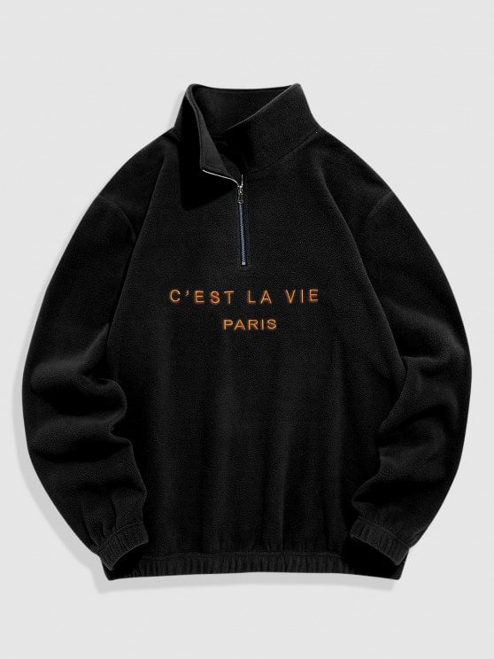 Fuzzy Letter Embroidered Quater Zip Polar Fleece Sweatshirt