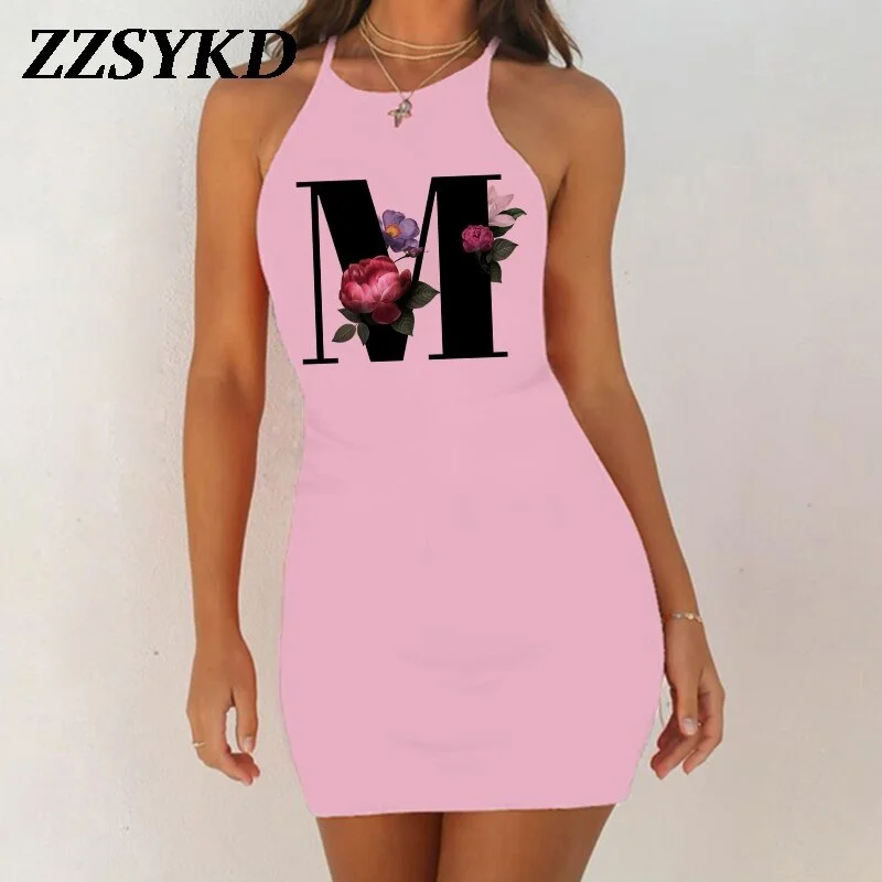 26 English Alphabet Print Summer Sexy Clothes Women Dresses 2020 Plus Size Dress Bodycon Evening Party O-Neck Pink Mini Vestidos