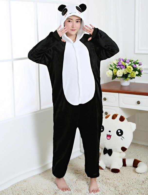 Halloween Costume Kigurumi Pajama Panda Onesie Black Flannel Animal Adult Sleepwear With Zipper Back Novameme