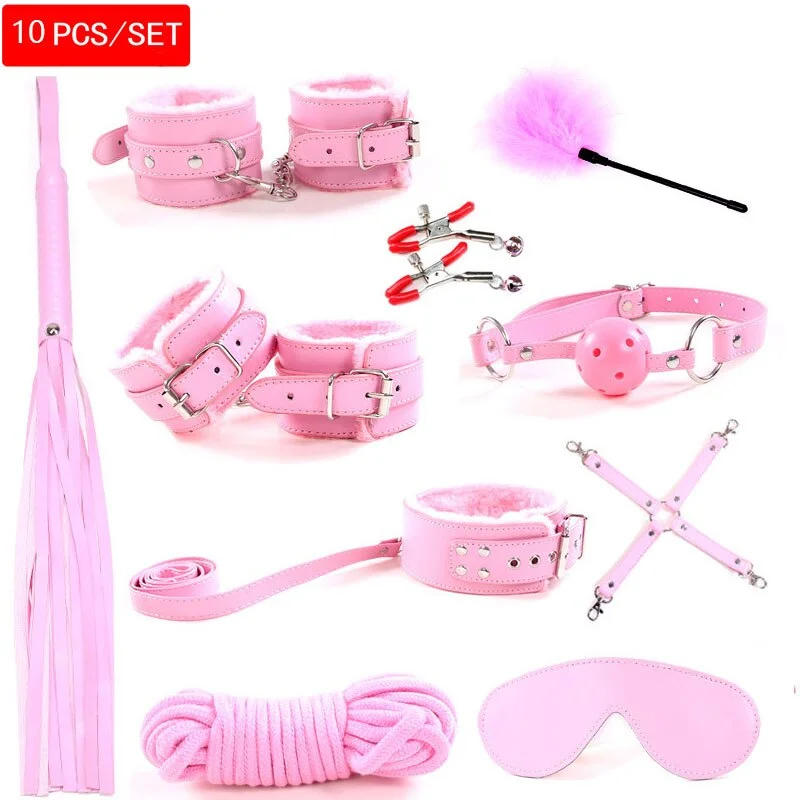 10 Pcs/set handcuffs police Cosplay Tools Toys for Set Handcuffs Nipple Clamps Gag Whip Rope Sex Toys For Couples sexy mask 515-1